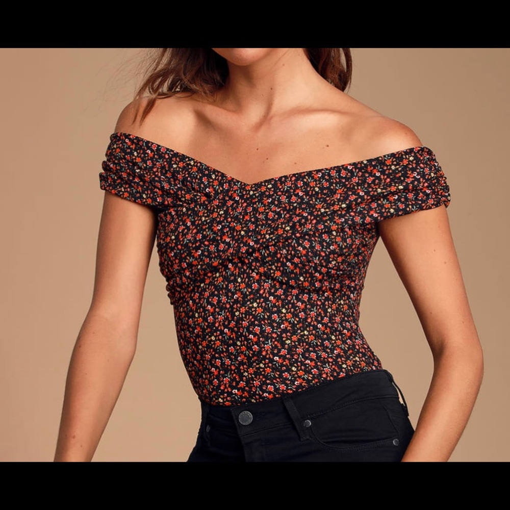 Lulus Black Floral Off-the-Shoulder Bodysuit
